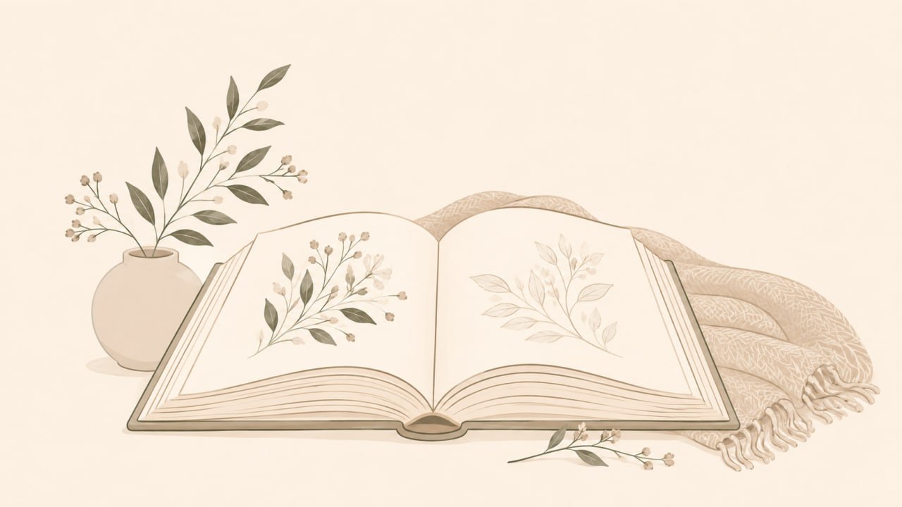 Открытая книга, плед и веточки в теплом стиле марафона
